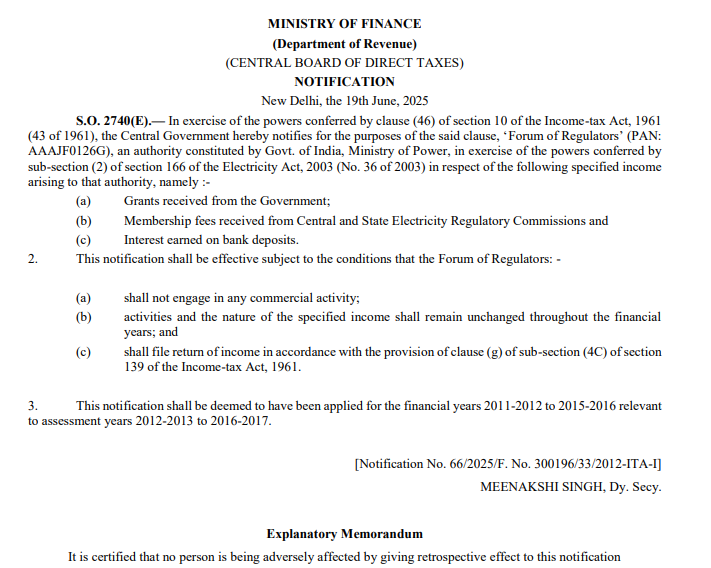 CBDT Notification regarding Tax Exemption for Forum of Regulators